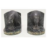 1093	PAIR OF METAL GREEN MARBLE BOOKENDS AFRICAN BUST *CROISIERE NIORE* SIGNED F. BAZIN