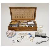 1101	BOX W/ BUTTONS, JEWELRY, PERFUME BOTTLE, MINOLTA CAMERA ETC. 