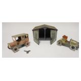 1118	BING TIN LITHO GARAGE W/2 WIND UP CARS, GARAGE IS 8 1/4 IN WIDE X 6 1/3 IN LONG X 4 3/4 IN HIGH