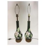 1122	PAIR OF HAND PAINTED PORCELAIN LAMPS, BOTH ARTIST SIGNED, 2 DIFFERENT ARTISTS, 35 IN HIGH