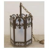1123	BRASS HANGING LIGHT W/OPALESCENT TEXTURED GLASS PANELS, 4 LIGHTS, 12 1/2 IN ACROSS, 22 1/2 IN T