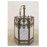 1124	BRASS HANGING LIGHT W/OPALESCENT TEXTURED GLASS PANELS, 4 LIGHTS, 12 1/2 IN ACROSS, 22 1/2 IN T