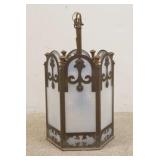1125	BRASS HANGING LIGHT W/OPALESCENT TEXTURED GLASS PANELS, 4 LIGHTS, 12 1/2 IN ACROSS, 22 1/2 IN T