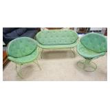 1147	MIDCENTURY MODERN IRON WIRE 3 PIECE PATIO SET W/ORIGINAL CUSHIONS, ONE CHAIR SWIVELS, LOVESEAT 
