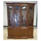 1155	MAHOGANY BREAKFRONT CHINA CABINET, HAS LIGHTING & GLASS SHELVES, 4 DOORS BENEATH, 62 1/4 IN WID