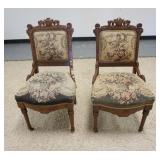 1159	PAIR OF CARVED WALNUT VICTORIAN SIDE CHAIRS, UPHOLSTERED SEATS & BACKS, SOME WEAR (LOOSE THREAD