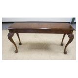 1160	HENREDON CARVED CLAW FOOT HALL TABLE, BANDED TOP, 59 IN X 18 1/2 IN X 29 3/4 IN HIGH