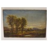 1194	ANTIQUE OIL PAINTING ON CANVAS, LANDSCAPE OF MOUNTAINS & STREAM, 11 1/4 IN X 17 1/4 IN