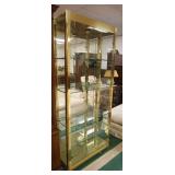 1202	BRASS & GLASS CURIO CABINET, MIRROR BACK, ADJUSTABLE GLASS SHELVES & LIGHTING, 34 IN WIDE X 78 