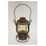 1212	DL&W RAILROAD LANTERN, MARKED METAL & GLASS, 14 1/2 IN TO TOP OF HANDLE