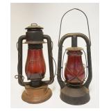 1213	2 LANTERNS, RAYO & DIETZ MONARCH, BOTH W/RED GLOBES, FUEL CAP ON THE RAYO HAS BEEN REPLACED W/A