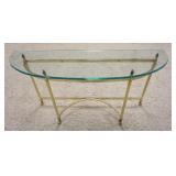 1228	BRASS & GLASS TOP DEMILUNE SOFA/HALL ENTRY TABLE 28 IN HIGH X 53 1/2 IN WIDE X 15 3/4 IN DEEP