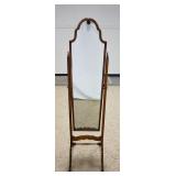 1240	CHEVELLE MIRROR W/FANCY ARCHED TOP IN MAHOGANY WOOD FRAME & STAND, 63 IN HIGH X 16 IN WIDE