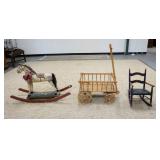 1264	CHILDS ROCKING HORSE, WOODEN PULL WAGON & ROCKER