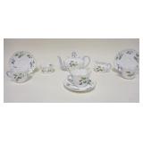 1271	SHELLEY TEASET CAMPANULA BONE CHINA TEAPOT, CREAMER & SUGAR, 3 CUPS & SAUCERS