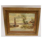 1297	SIGNED OIL ON CANVAS, SHORE SCENE W/COTTAGE & SAILBOAT, 21 1/2 IN X 17 1/2 IN OVERALL