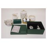 1316	PORCELIAN & PEWTER LOT INLCUDES 3 PIECES IRISH BELLEEK, DRESDEN SMALL BASKET, STIEFF PEWTER FRU