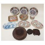 1318	12 PIECE ASIAN LOT 9 BOWLS/ PLATES 3 WOODEN BASES, 3 MATCHING BOWLS ARE 6 3/4 IN 