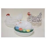 1323	3 COVERED ANIMAL DISHES 2 GLASS ONE FITZ & FLOYD RABBIT DISH IS SIGNED WESTMORELAND LARGEST IS 