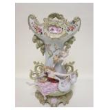 1028	BETSON HAND PAINTED VASE W/APPLIED LADY, CHERUB, & SWANS, 15 3/4 IN HIGH