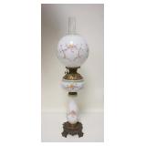 1030	VICTORIAN HAND PAINTED GLASS BANQUET LAMP, MATCHED & ALL ORIGINAL, 34 1/4 IN HIGH TO TOP OF CHI