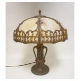 1031	SLAG GLASS LAMP WMETAL OVERLAY, ALL ORIGINAL, 23 IN HIGH, APPROXIMATELY 18 1/2 IN SHADE DIAMETE