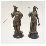 1032	PAIR OF VICTORIAN METAL STATUES, A WARRIOR & A LADY, 14 IN HIGH