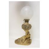 1033	BRADLEY & HUBBARD FIGURAL METAL LAMP, HAS FROSTED & CUT GLOBE, 30 1/2 IN TO TOP OF CHIMNEY X 16
