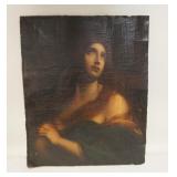 1034	OIL ON CANVAS PORTRAIT OF A LADY, MOUNTED ON CARDBOARD, HAS SOME EDGE ROUGHNESS & A SMALL TEAR 