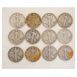 1050	12 WALKING LIBERTY SILVER HALF DOLLARS, 2-1936, 1940, 1941, 2-1942 (ONE IS D), 3-1943 (ONE IS D