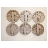 1053	6 STANDING LIBERTY SILVER QUARTERS, ONE IS 1927, OTHERS UNREADABLE