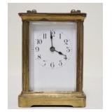 1067	FRENCH CARRIAGE CLOCK, BRASS & BEVELED GLASS, 3 1/4 IN WIDE X 2 1/2 IN DEEP X 4 1/2 IN HIGH