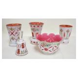 1069	5 PIECE BOHEMIAN WHITE CUT TO CRANBERRY, HAND PAINTED FLOWERS, TALLEST IS 5 1/2 IN