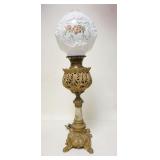 1072	VICTORIAN BANQUET LAMP W/ONYX INSERT IN THE STEM, HAND PAINTED SHADE, HAS HIGH RELIEF LION HEAD