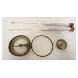 1076	ANTIQUE SCIENTIFIC LOT INCLUDING DIPPING NEEDLE, COMPASS, & 2 GLASS THERMOMETERS, THERMOMETERS 