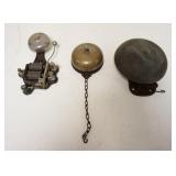 1077	LOT OF 3 ANTIQUE BELLS, 2 MECHANICAL , ONE ELECTRIC, MARKED FARADAY, LARGEST IS 8 IN LONG