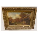 1095	ANTIQUE OIL PAINTING ON CANVAS OF MAN ON HORSE DRAWN WAGON RIDING DOWN A WOODED TRAIL, HAS TEAR