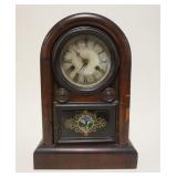 1096	ANTIQUE GILBERT SHELF CLOCK W/REVERSE PAINTED LOWER DOOR GLASS, 17 IN HIGH