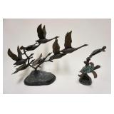 1107	PAIR OF CONTEMPORARY METAL FIGURES, GEESE IN FLIGHT & SEA TURTLES, TALLEST IS APPROXIMATELY 17 