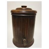1110	ANTIQUE OAK WATER COOLER W/CAST METAL INSERT, APPROXIMATELY 19 IN HIGH