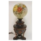 1118	VICTORIAN PARLOR LAMP W/ORNATE METAL BASE & HAND PAINTED SHADE, ELECTRIFIED, 27 IN HIGH