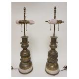 1119	PAIR OF ORNATE METAL TABLE LAMPS ON MARBLE BASES, 27 1/2 IN HIGH