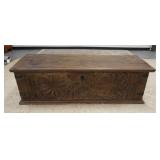 1135	EARLY WALNUT 6 BOARD CHEST W/CARVED FRONT, APPROXIMATELY 65 IN X 21 IN X 22 IN HIGH