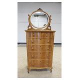 1146	BIRDSEYE 6 DRAWER CHEST W/MIRROR TOP & SERPENTINE FRONT, 33 IN X 20 IN X 71 IN HIGH