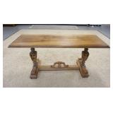1153	WALNUT SOFA TABLE W/UNUSUAL CUT OUT GEOMETRIC LEGS, TOP HAS STAINING, 59 IN X 20 IN X 29 IN HIG