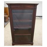 1168	MAHOGANY BOOKCASE W/GLASS DOOR & GREEK KEY MOLDING AT TOP, 34 IN X 14 1/4 IN X 59 IN HIGH