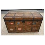 1169	WOOD & PAPER TRUNK W/TRAVEL STICKERS & LOCK & KEY, 40 IN X 22 3/4 IN X 23 IN
