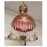 1175	VICTORIAN HANGING LAMP W.CRANBERRY SHADE & BLUE JEWELED INSETS ON FRAME