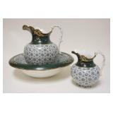 1180	KNOWLES, TAYLOR & KNOWLES WATER BOWL, PITCHER, & HOT WATER PITCHER WGREEN & GOLD DECORATION, BO