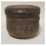 1184	HAND WROUGHT COPPER COVERED POT W/INTRACATE ENGRAVED DESIGN, 10 IN DIAMETER X 7 1/2 IN HIGH